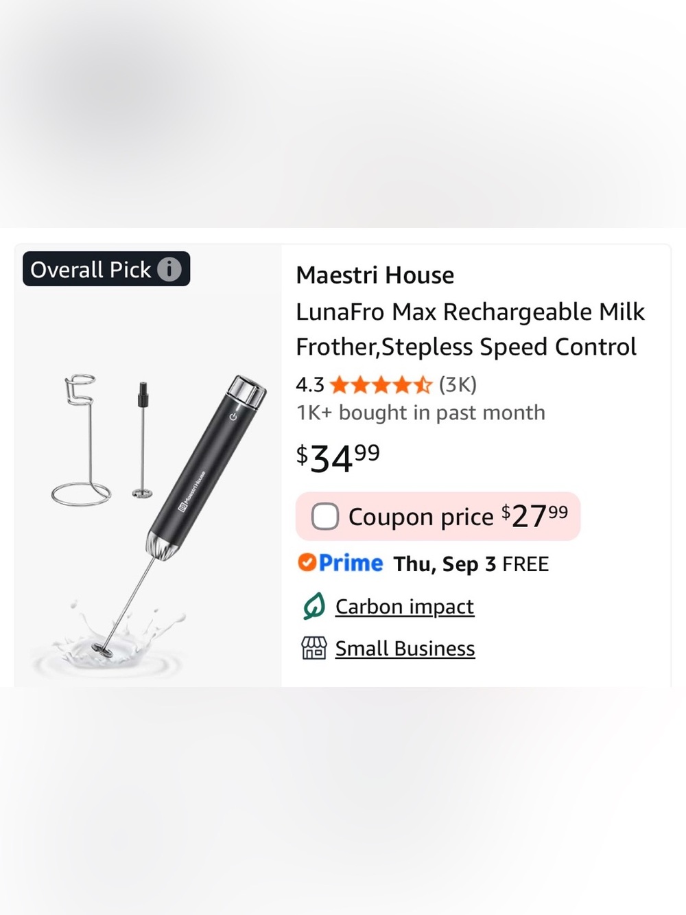 Maestri House LunaFro Max Rechargeable Electric Milk Frother Drink mixer NIOB